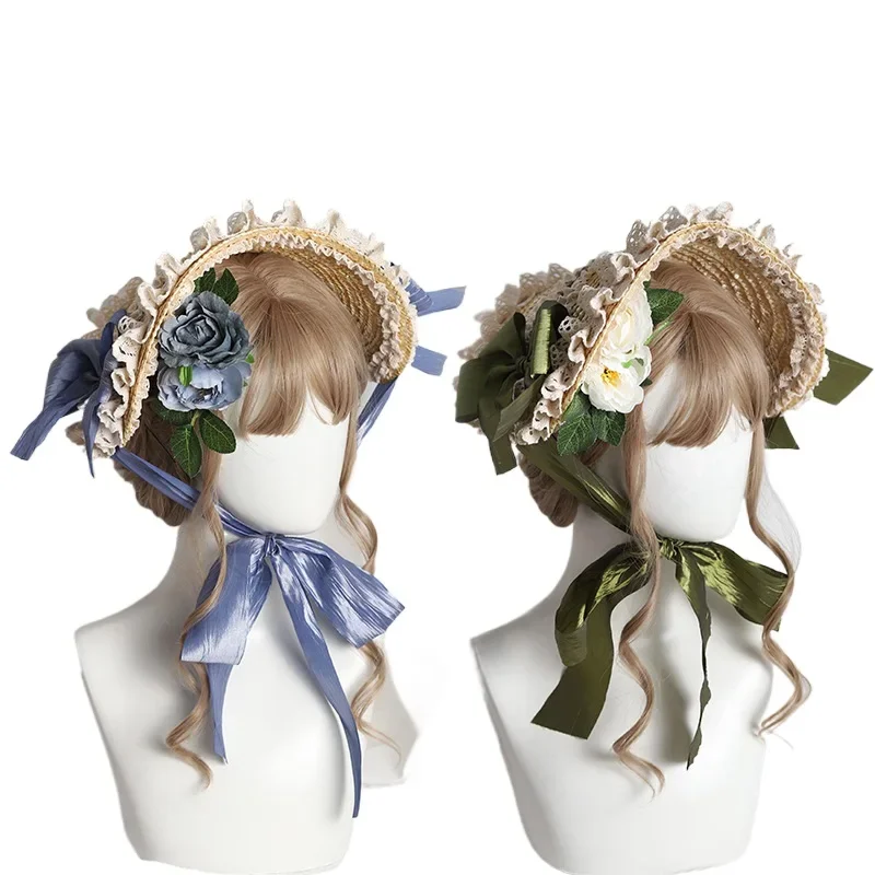 Eleganter Strohhut mit Spitzenblumen für Mädchen von Lolita, mehrfarbige flache Mütze Image
