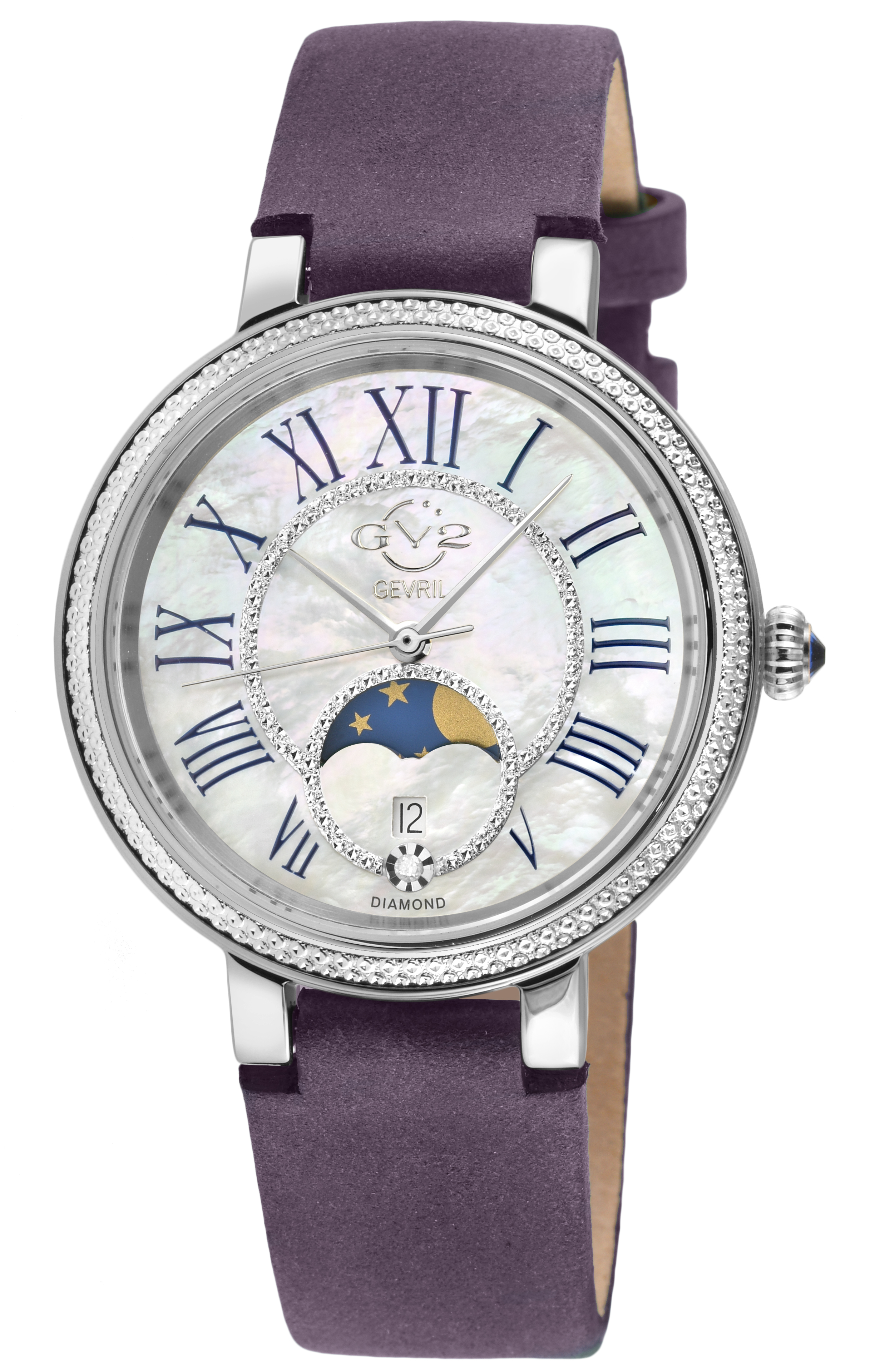 GV2 Damen Genua SS Gehäuse, weißes MOP Zifferblatt, authentische handgefertigte Pflaume Lederband Uhr Image