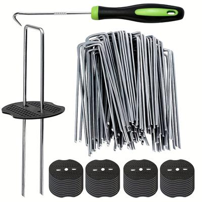 TEMU 100pcs (u-shaped Ground Spike + Mat) + 1 Nail Hook U-shaped Ground Spike Lawn Spike Anti-grass Cloth Ground Spike Succulent Plant Fixing Tool Image