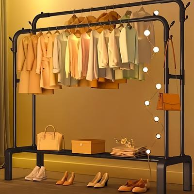 TEMU Double Hanging Rod Metal Clothes Rack, Black, Easy , Multi-functional Garment Display For Bedroom, Laundry Room, Living Room - Hand Wash, No Image