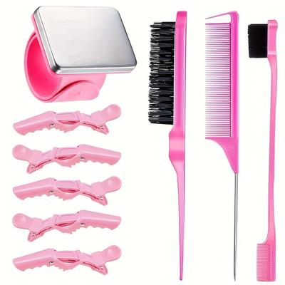 TEMU 9pcs Goiple Hair Styling Kit - Pink Hair Braiding Tools With Mirror, Comb, Brush & Clips For All Hair Types - Ideal For Festivals, Parties & Daily Use Image