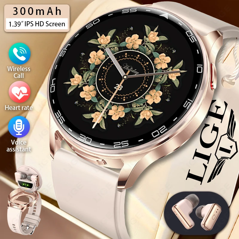 LIGE Earbuds Smart Watch Frauen BT Anruf Wasserdichte Uhren Damen AI Sprachassistent Musik Spielen Sport Smartwatch mit Kopfhörern Image
