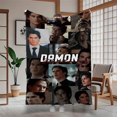 TEMU Damon Vampire-themed Cozy Flannel Throw Blanket - Soft, Warm, Reusable For Couch, Office, Bed, Camping, Travel - Gift With Digital Image