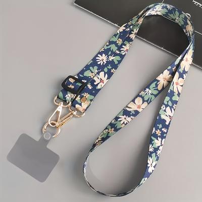 TEMU 1pc Floral Pattern Polyester Fiber Crossbody Phone Strap With Adjustable Clasp And Pearl Pendant, Anti-lost Wide Neck Lanyard Rope For Mobile Phones Image