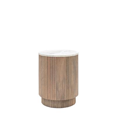 Manor Round Ribbed Wood Side Table with Marble Top