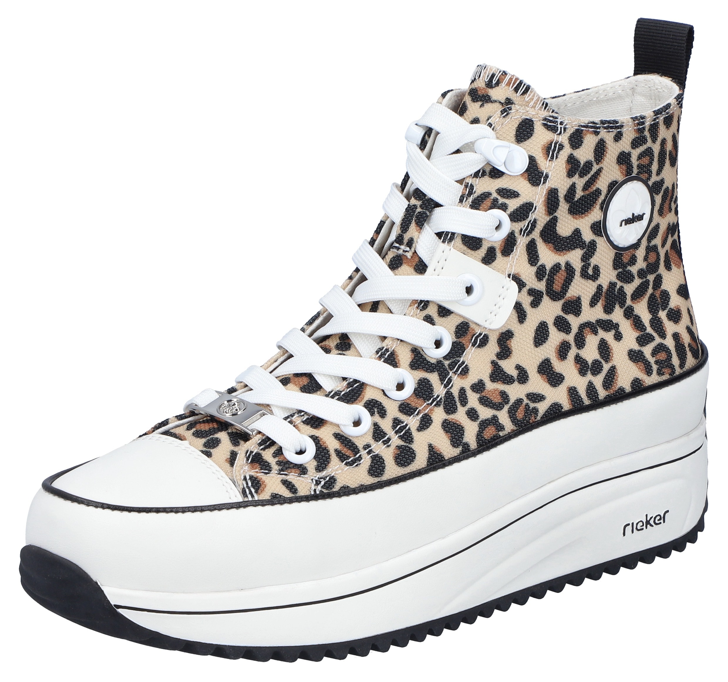 Sneaker RIEKER, Damen, Gr. 40, beige (leo, natur), Lederimitat, Textil, animal-print, Schuhe Sneaker, Plateau, High Top-Sneaker, Schnürschuh in veganer Verarbeitung