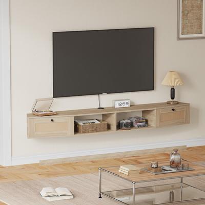 EROMMY Wall-Mounted TV Cabinet with Rattan Doors & Shelves - Floating Entertainment Center with Cable Management