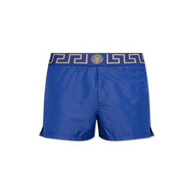 Greca Border Elasticated Waistband Swim Shorts - Blue - Versace Beachwear