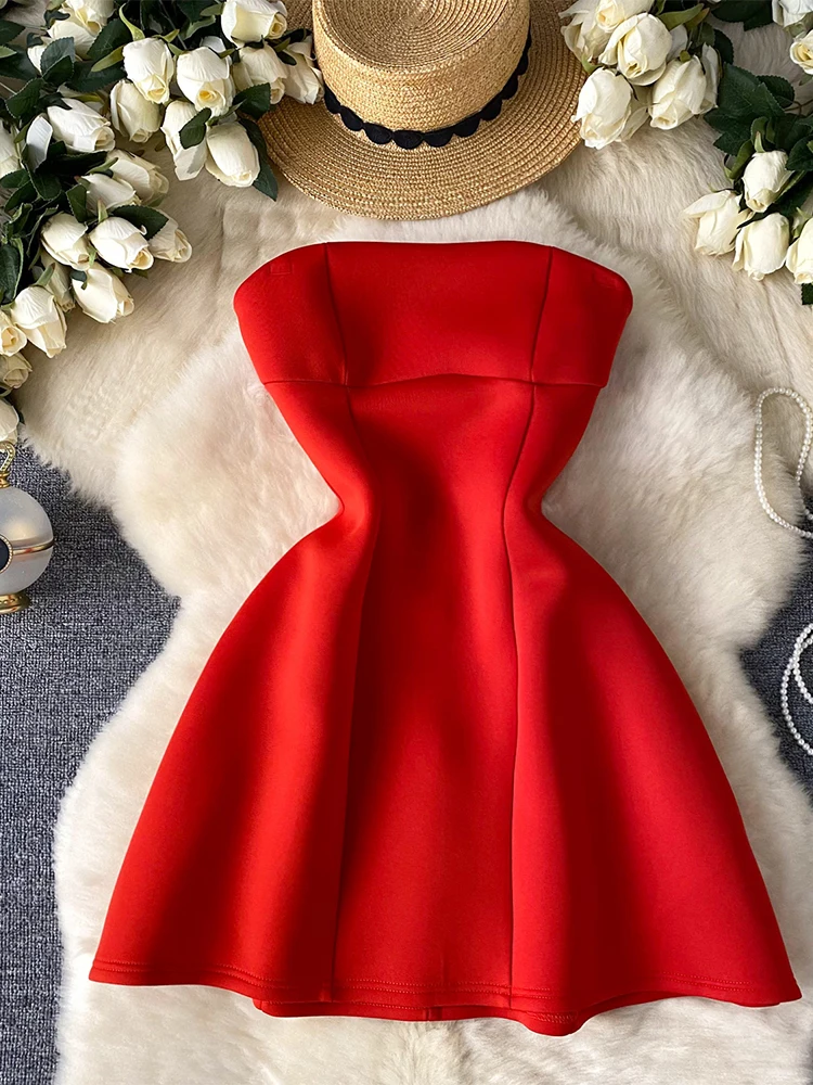 Frauen Weihnachten Rot A-Linie Abendkleid Vintage Off Shoulder Mini Luxus Kleider Y2k Party Club One Piece Kleider 2000er Jahre Kleidung