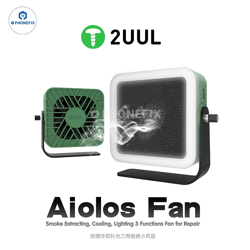 2UUL Aiolos Rauchabsorber-Ventilator mit LED-Lampe, 3-in-1, tragbare Beleuchtung, Abkühlventilator, USB-Aufladung für die Entlüftung von Leiterplatten, Schweißrauchen Image
