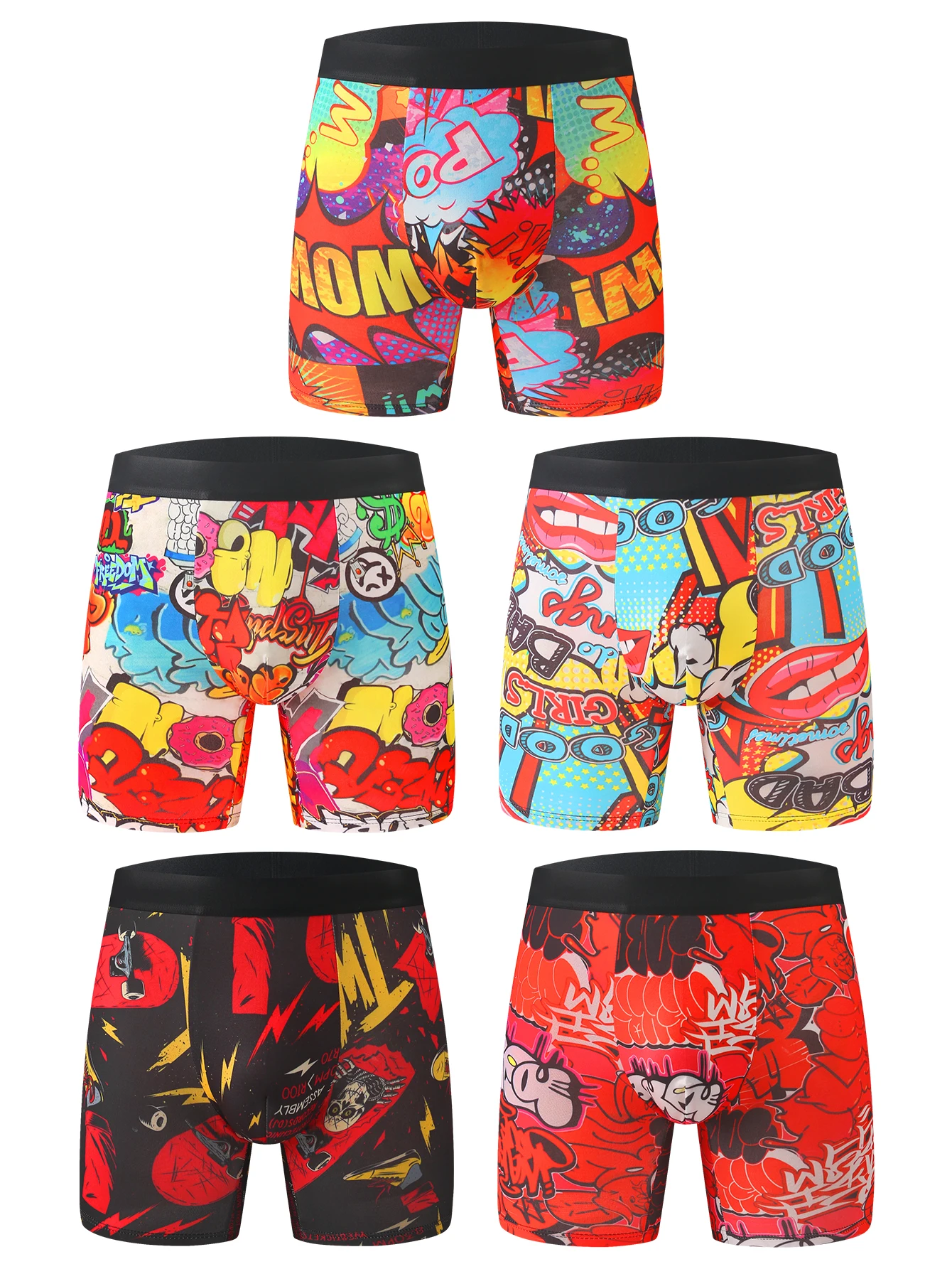 5 Stück Herren Slim Individuality Trend Graffiti Print Lange Boxershorts Combo Image