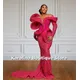 Unique Hot Pink Ruched Evening Dresses For Woman Beads Crystal Mermaid Aso Ebi Style Long Sleeves African Party Gowns Customized