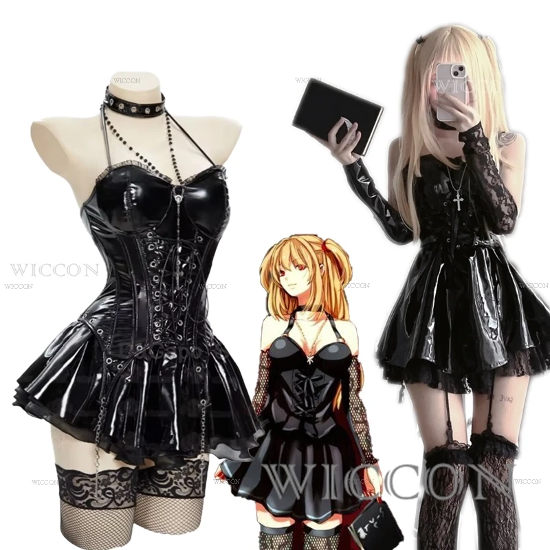 Auf Lager Miss Misa Halloween Gothic Schwarz Schnürkorsett Top Rock mit Netzstrümpfen und Ärmeln Cosplay Kostüm und Perücke