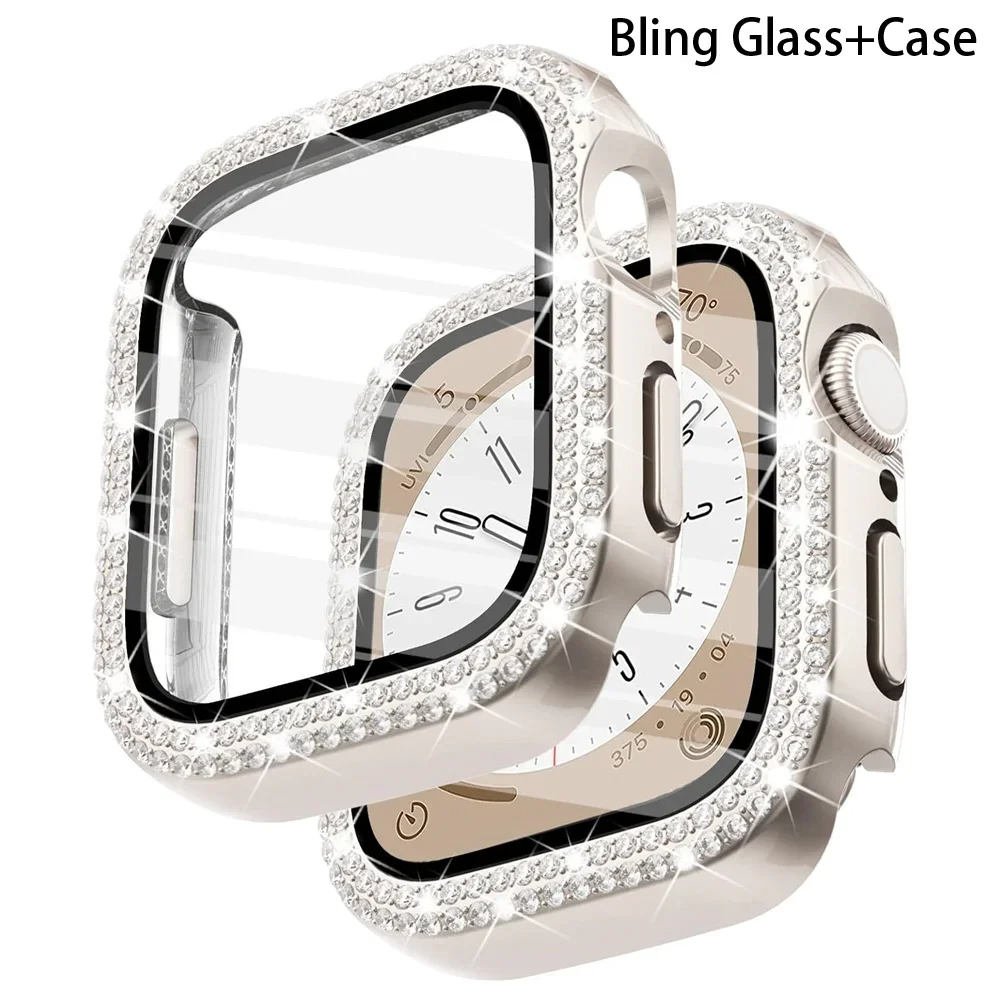 Bling Glas + Abdeckung für Apple Watch Gehäuse 44 mm 45 mm 41 mm 40 mm 44 mm Diamant-Stoßstange + Displayschutzfolie Apple Watch Serie 9 8 7 5 6 SE Image