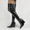 LAIGZEM Damen-Overknee-Stiefel zum Anziehen, dehnbar, spitzer Zehenbereich, Keilabsatz, hohe Stiefel, Damen, schwarze Schuhe, Damen, große Größe 37, 39, 41 43