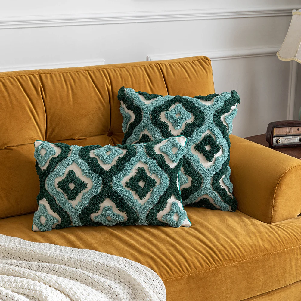 Fodere per cuscini trapuntati Boho blu verde Fodera per cuscino decorativa in tela di cotone geometrica Federa per cuscino per divano Federa per poggiatesta