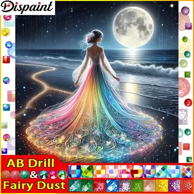 Dispaint Fairy Dust AB 5D Diamond Embroidery Needlework Kit "Woman Moon" Diy Diamond Painting Cross