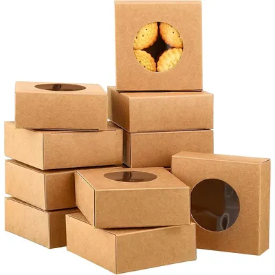 10/20/30/50pcs Kraft Paper Box,Square Small Gift Box with Round Clear Window,Paper Gift Packaging Box,for Wedding Party Birthday