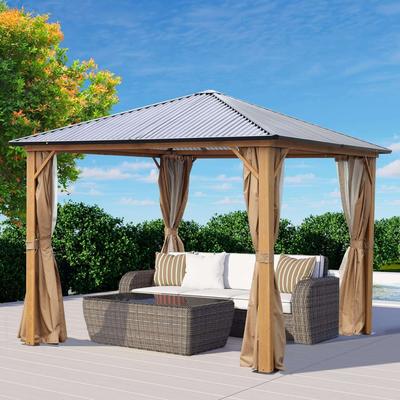 Aoodor Wooden Finish Coated Aluminum Frame Gazebo with Polycarbonate Roof, Curtains and Nettings