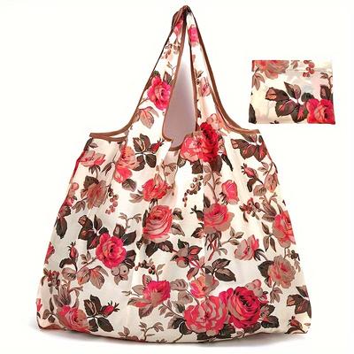 TEMU 1 Large Floral Pattern Nylon Shopping Bag - , Washable, Foldable With Brown Edges, Reusable Grocery Tote Suitable For High- Image