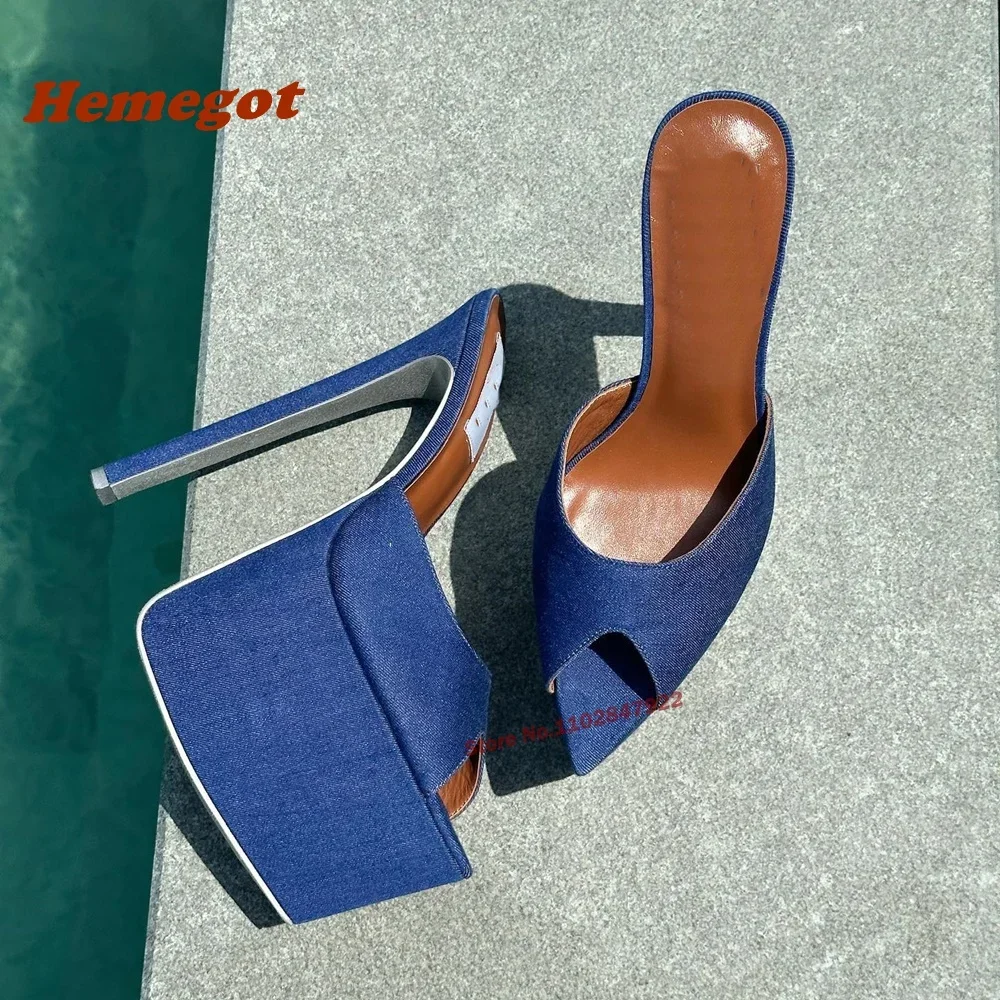 Pantofole con plateau blu Denim punta a punta muli solidi a spillo per donna Slip On 2023 nuovo arrivo tacchi alti sottili Plus Size 44