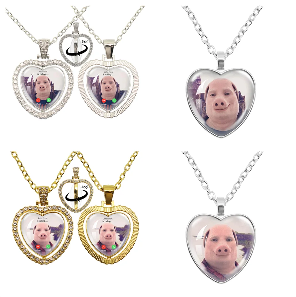 John Pork is Calling Answer Call Phone Humor Lustiger Schweineliebhaber Grafik Glascabochon Herzform Anhänger Halskette Schmuck Geschenk Image