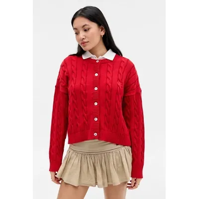 iets frans. Cable Knit Cardigan - Red XL at Urban Outfitters
