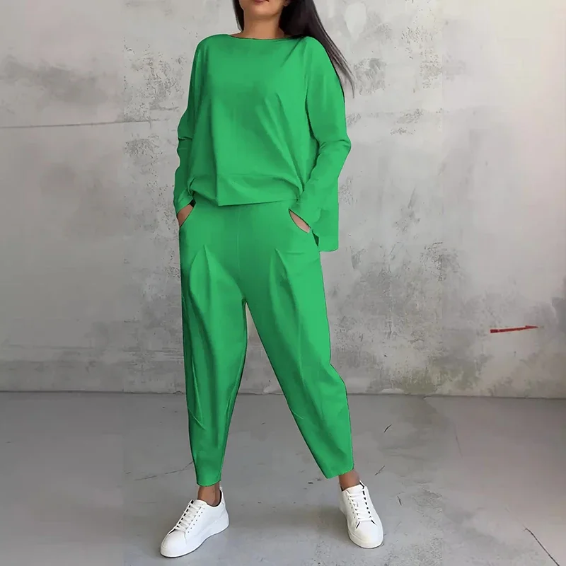 Donna elegante tasca a maniche lunghe Solid Set 2024 abbigliamento sportivo Casual allentato 2 pezzi vestito moda o-collo Pullover Top e pantaloni lunghi abiti