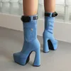 Denim kurze Plüschs tiefel dicken Boden 15cm hohen Absatz spitzen elastischen Lycra Größe 34-45 kurze Stiefel 2024 neue Winter Damenschuhe
