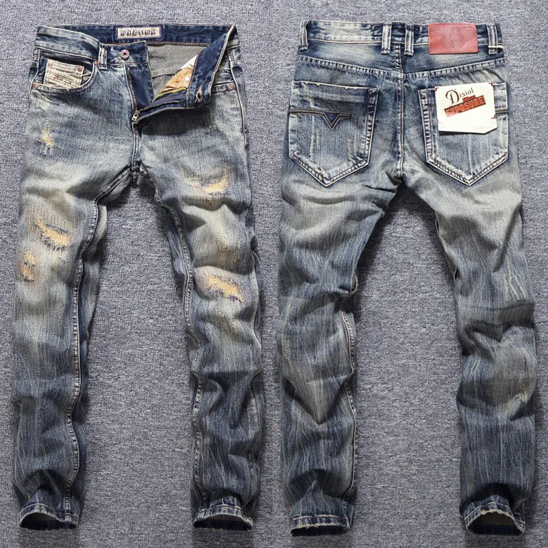 Mode Designer Männer Jeans Retro Gelb Blau Slim Fit Loch Zerrissene Jeans Männer Stickerei Gepatcht Vintage Casual Denim Hosen Hombre