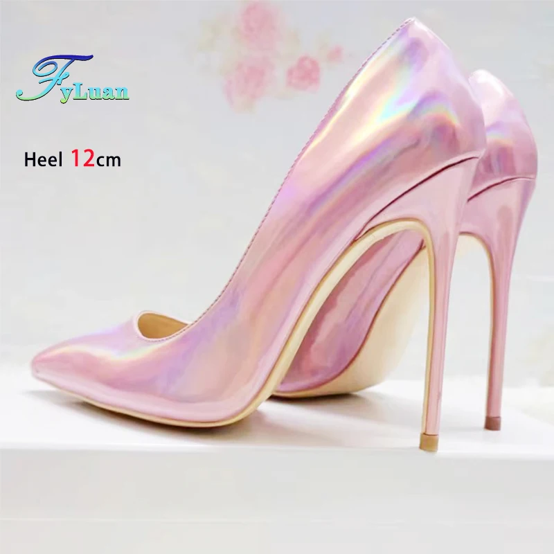 Rosa 10cm 12cm High Heels Frauen Laser holo graphische Party Kleid Schuhe magische Farbe Mode spitz elegante Damen Pumps Größe 45