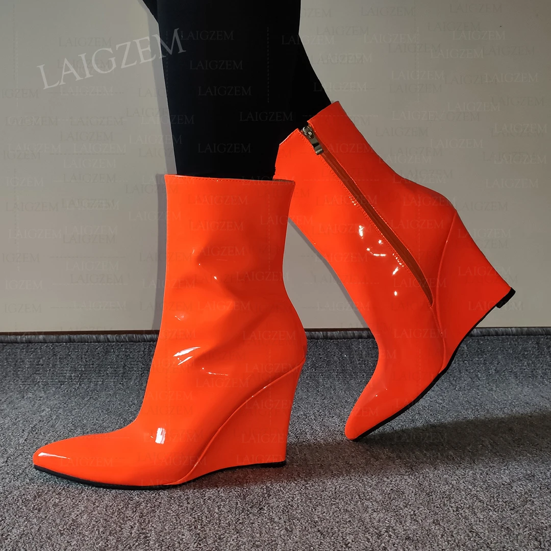 Laigzem Frauen Stiefeletten Keile High Heels spitzen Zehen Seite Reiß verschluss kurze Stiefeletten hand gefertigte Damenschuhe Frau große Größe 36 39 42 43