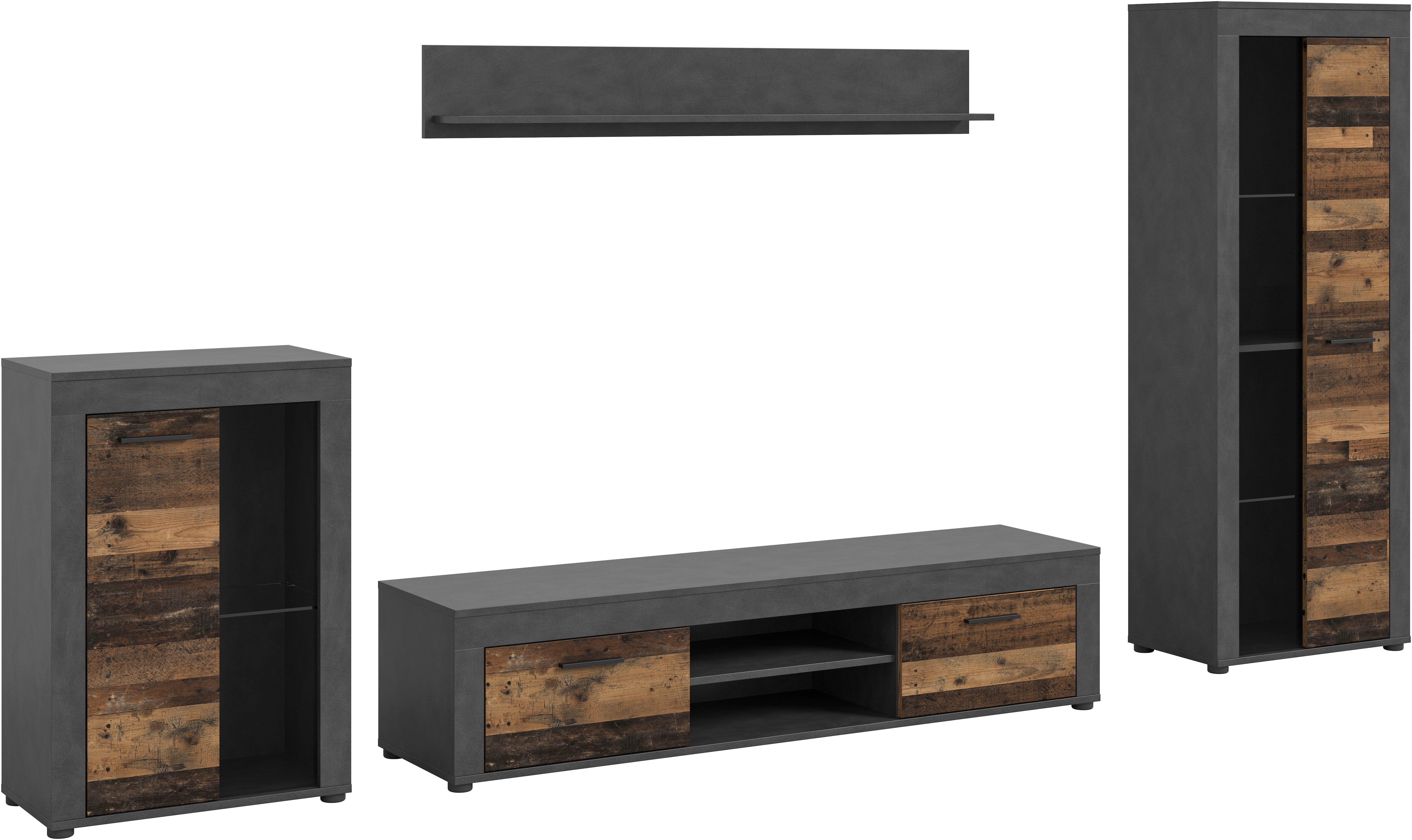 Wohnwand INOSIGN "Aosta, 4-tlg., best. aus: Vitrine, Lowboard, Wandboard & Vitrine hoch", matera, old wood nachbildung, B:330cm H:159cm T:40cm, Holzwerkstoff, Kastenmöbel-Sets, Wohnwand, Kombination, Anbauwand, Möbel Set, Schrankwand, Möbel Kombi