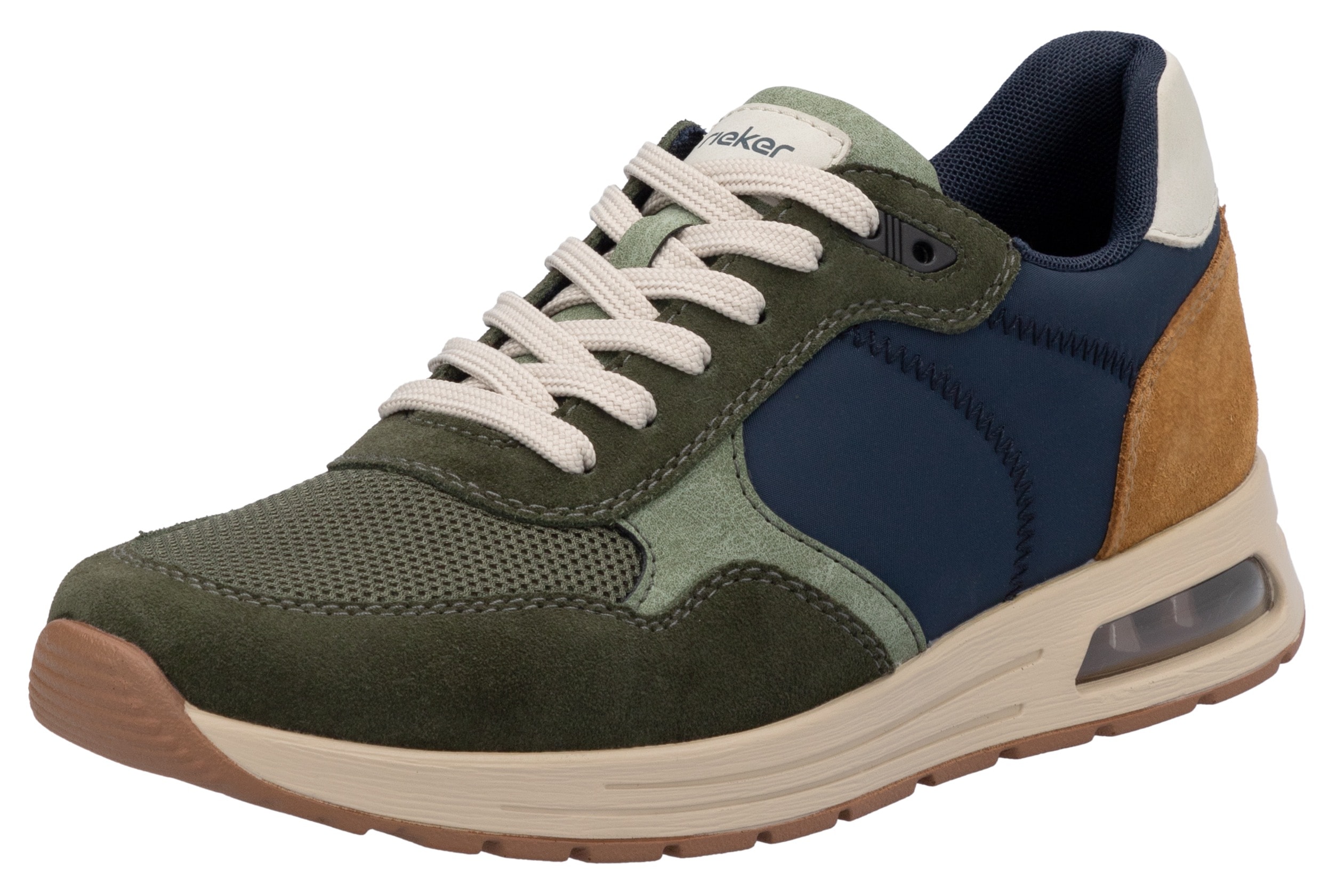 Sneaker RIEKER, Herren, Gr. 43, grün (khaki kombiniert), Lederimitat, Textil, Veloursleder, Schuhe, Schnürschuh, Halbschuh, Freizeitschuh mit gepolstertem Schaftrand