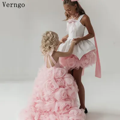 Verngo Blush Pink Tulle Girl Birthday Party Dress Halter A Line 3D Flowers Kid Dresses Princess Wedding Party Dress Customized