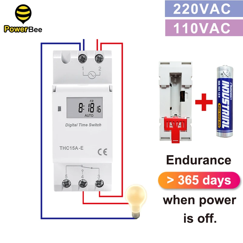 Zeitschaltuhr THC15A-E, wöchentlich programmierbar, 28 Ein/Aus-Einstellung, digitales Zeitrelais 220 V, 110 V, mit Nr. 7 Batterie, ausziehbarer Ausdauer Image