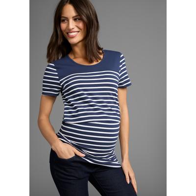 Umstandsshirt NEUN MONATE "Geringeltes Schwangerschaft und Still-Shirt", Damen, Gr. 40/42, blau (blau geringelt), Single Jersey, Obermaterial: 95% Baumwolle, 5% Elasthan, modisch, bequem, Rundhals, Kurzarm abgesteppte Kante, Shirts, für bequemes... Image