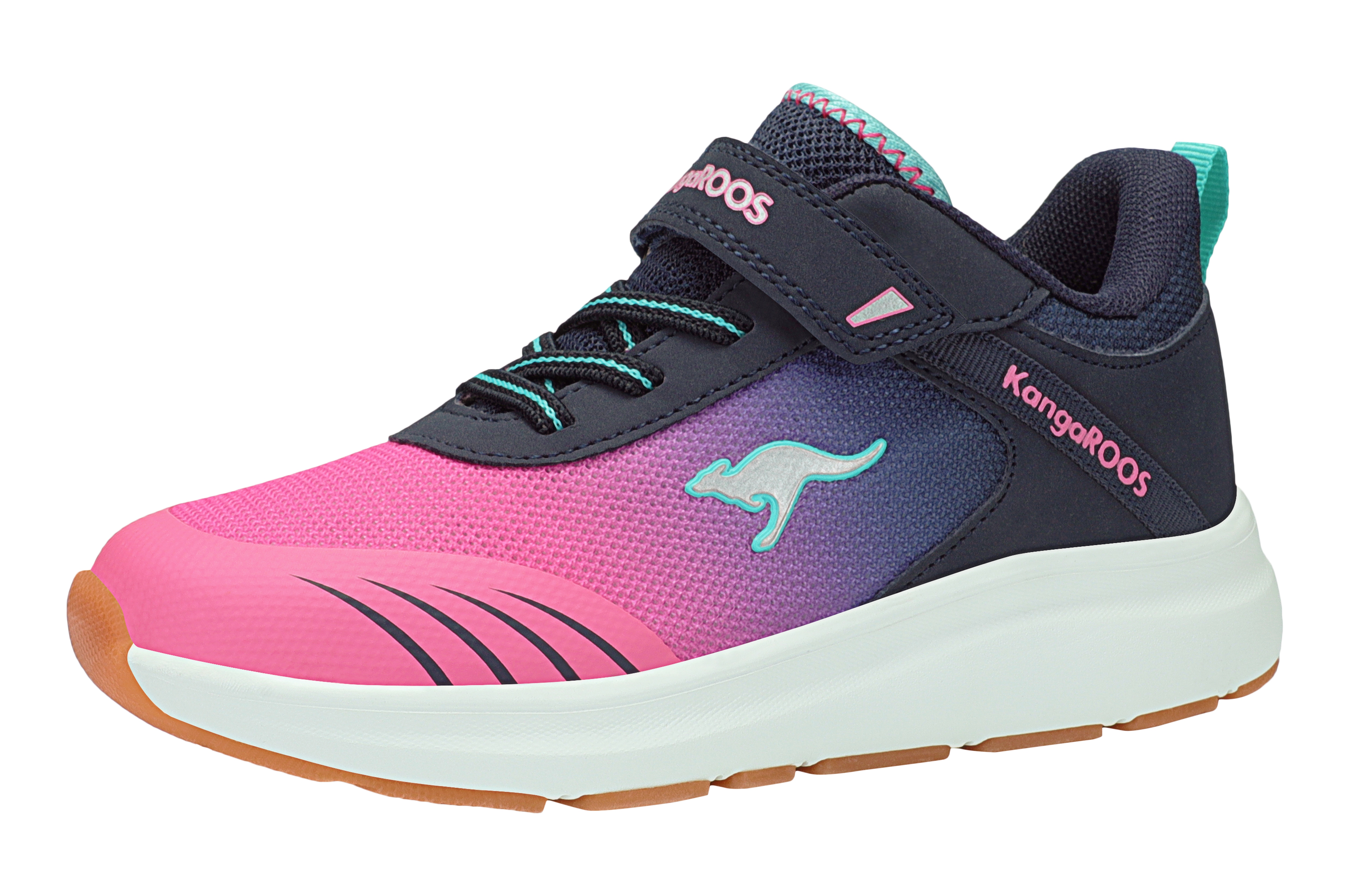 Sneaker KANGAROOS "KB-RIDA EV", Damen, Gr. 28, blau (dk navy, daisy pink), Synthetik, Textil, Schuhe Sneaker, Nicht abfärbende Sohle