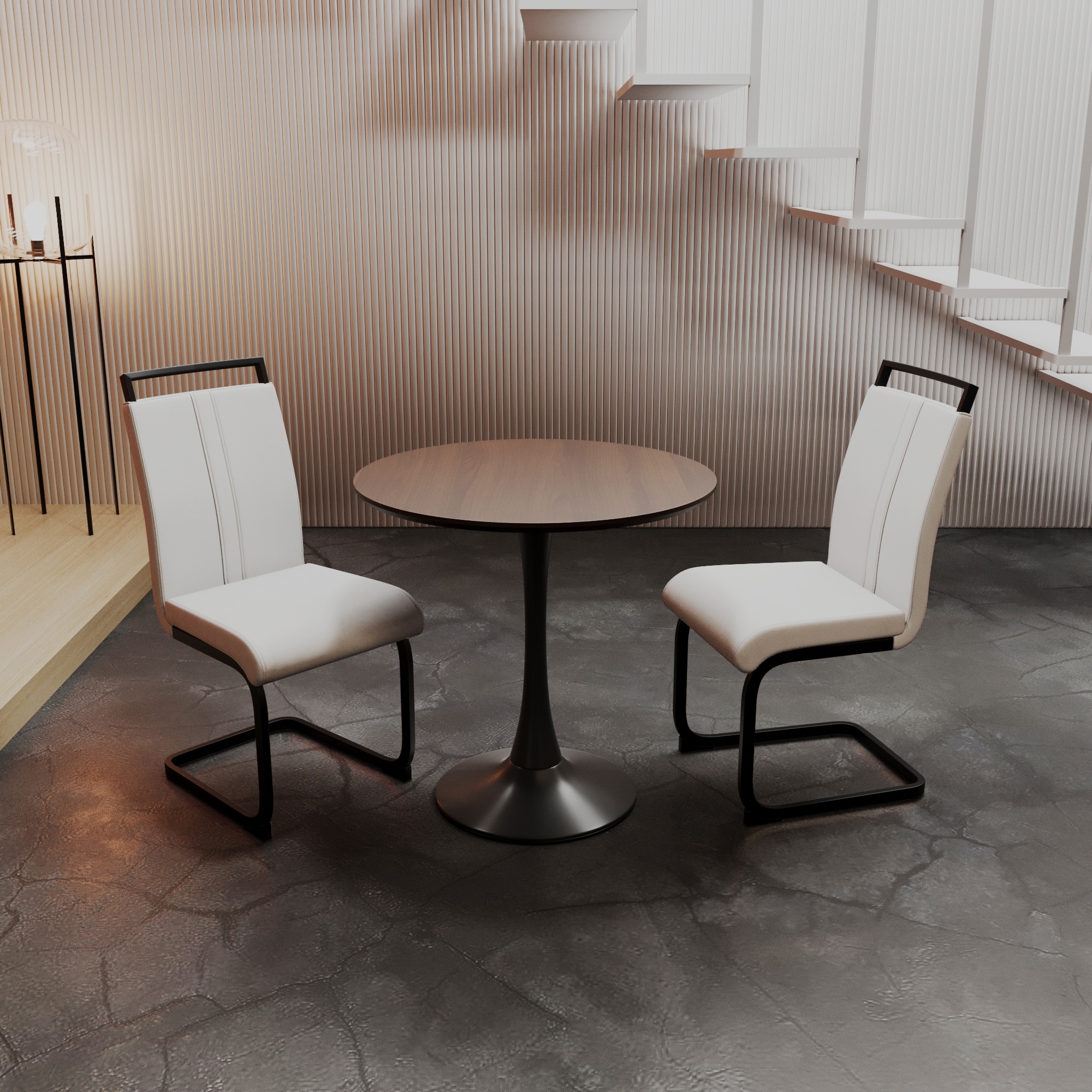 3 Pieces Dining Table Set - Round Dining Table with 2 PU Dining Chairs