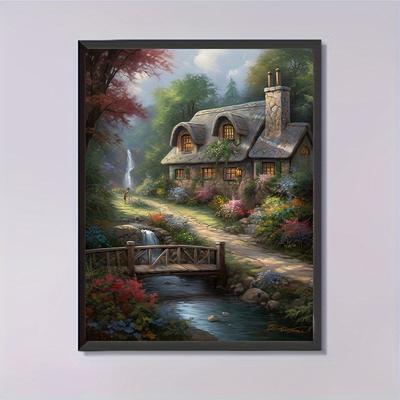 TEMU 30x40cm 5d Round Diamond Painting Kit, Landscape Cottage Canvas Art, Diy Mosaic Wall Decor Craft, Complete Set With Tools, For Beginners, Home Wall Decor Gift Image