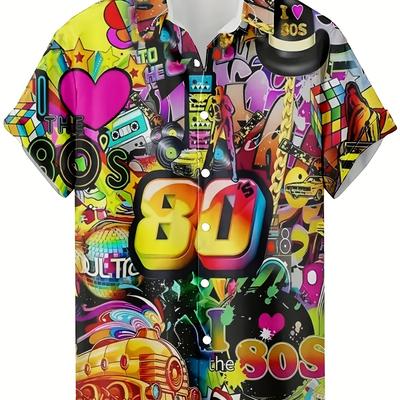 TEMU Men's Retro 80's 3d Printed Casual Shirt - Short Sleeve, Regular Fit, Polyester, Summer Hip-hop Rock Streetwear, Hawaiian Style, Single Button Front Image