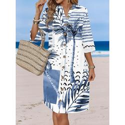 Femmes Mini Robe Robe Décontractée Élégant Basique Occasionnel Vacances Quotidien Coupe régulière Géométrique Tropical Manche 3/4 Col montant Bleu Été Printemps
