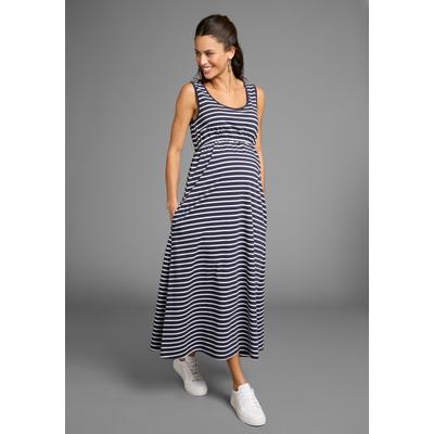 Umstandskleid NEUN MONATE "Langes Schwangerschaftskleid", Damen, Gr. 40, N-Gr, blau (blau geringelt), Single Jersey, Obermaterial: 95% Baumwolle, 5% Elasthan, geringelt, modisch, Rundhals, ohne Ärmel, Kleider, Jersey-Kleid für Schwangerschaft und... Image