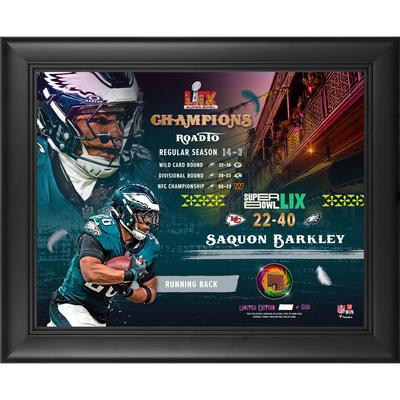 Saquon Barkley Philadelphia Eagles Super Bowl LIX Champions Gerahmte 13" x 16" Collage mit einem Stück eines beim Spiel verwendeten Footballs - Limitierte Auflage von 500 Image