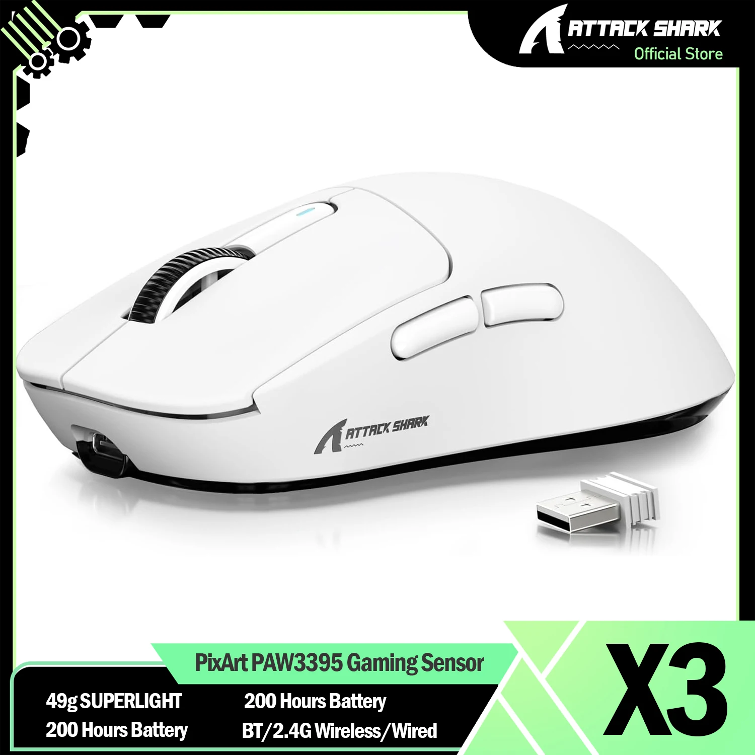 ATTACK SHARK X3 Kabellose Gaming-Maus PixArt PAW3395 49 g SUPERLIGHT, BT/2,4 G kabellos/kabelgebunden, 6 einstellbare DPI bis zu 26000 Image
