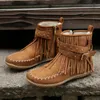 Retro Frauen Quasten Runde Kappe Kurze Stiefel Stiefel Frauen Winter Casual Flache Niet Schnalle Flache Stiefeletten Warme Schuhe Schuhe