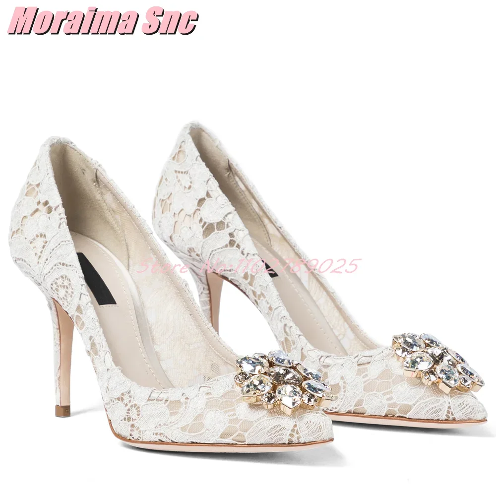 Luxus Spitze Kristall Blume Pumpen Flache Stiletto High Heels Slip Auf Sexy Mode frauen Kleid Schuhe Bankett Party Weiß 2025