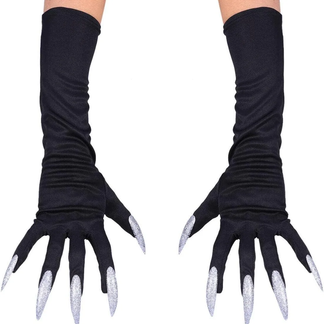 Halloween Make-up Hexe schwarz Nagel Geist Katze Dämon Pfote Handschuhe Cosplay schwarz elastischen Satin Bühne Leistung Frauen lange Fäustlinge Image
