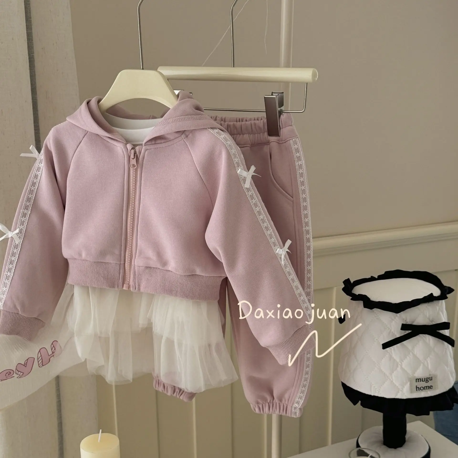 Kinder Sets Neue Frühling Herbst Neue Bogen Pulver Süße Pullover Zwei Stücke 2024 Rosa Einfache Lose Mode Schöne Neue Image