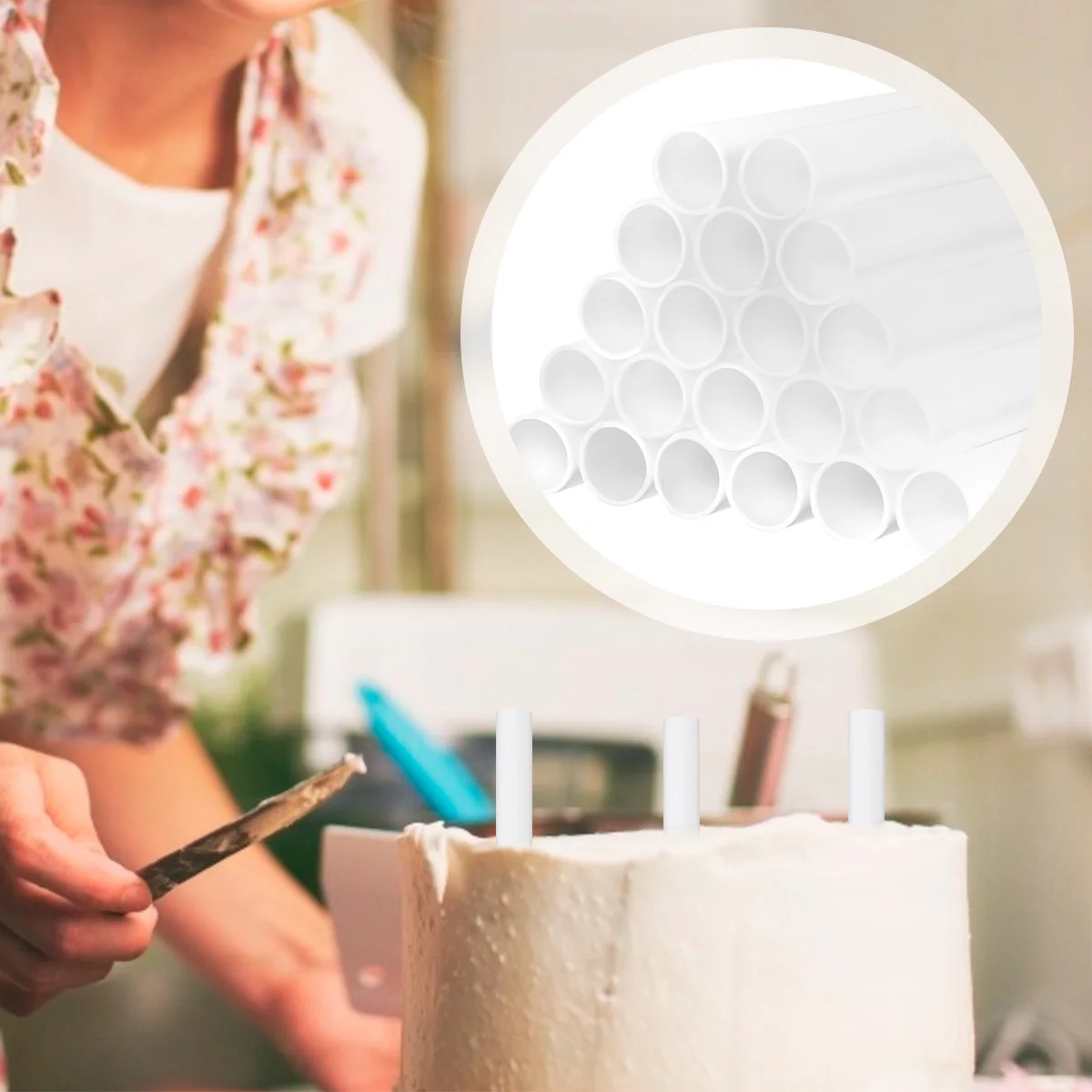 20 Stück Kuchendübel, weiße Kunststoff-Stützstangen, runde Strohhalme, abgestufte Kuchenkonstruktion für Geburtstage, Hochzeiten, Partys, 24 cm/30 cm Image
